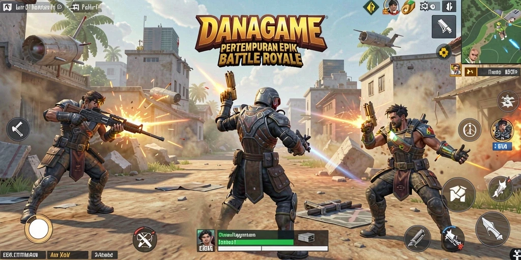 Screenshot gameplay DANAGAME menampilkan aksi pertempuran seru dalam Battle Royale.