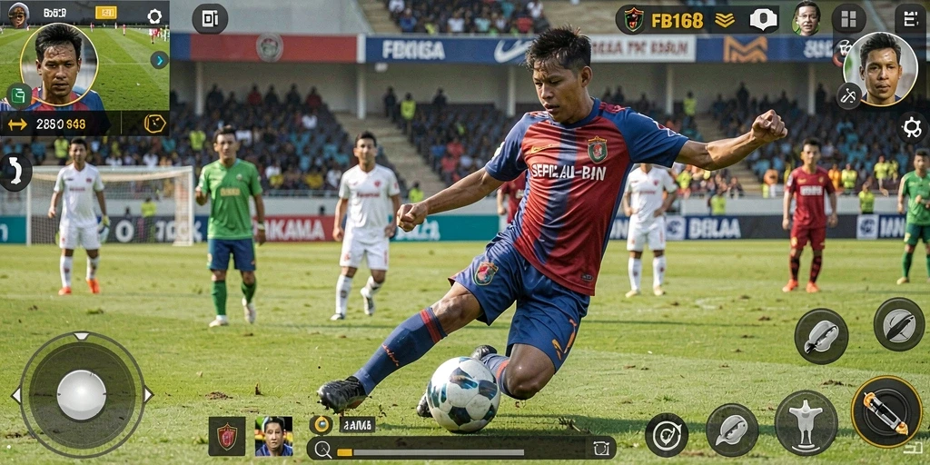 Tampilan gameplay menarik dari FB168 yang menggambarkan aksi sepak bola.