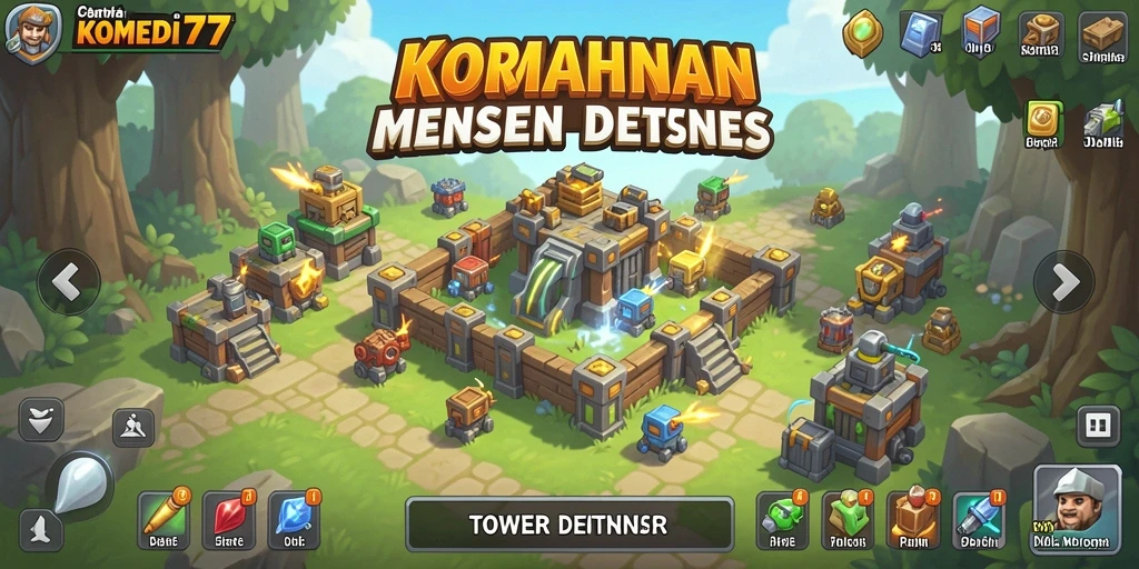 Screenshot gameplay menunjukkan pertahanan menara yang megah dan serangan musuh.