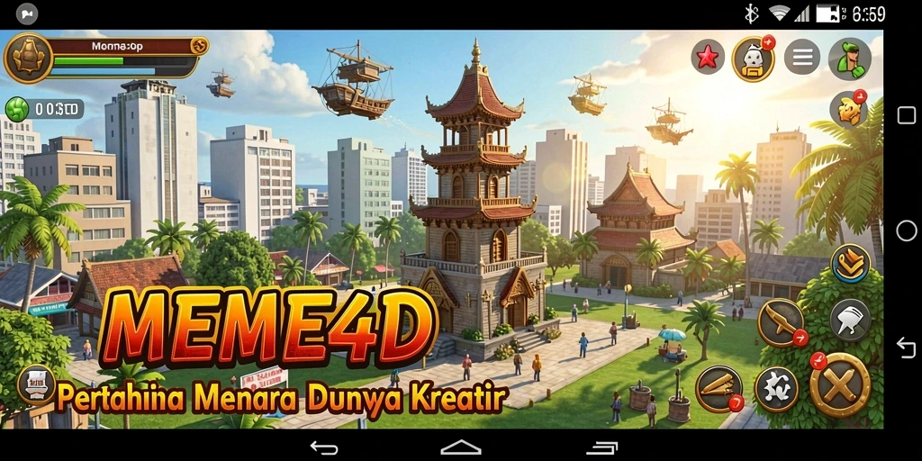 Tangkapan layar gameplay <strong>MEME4D</strong> menunjukkan menara pertahanan yang sedang beraksi.