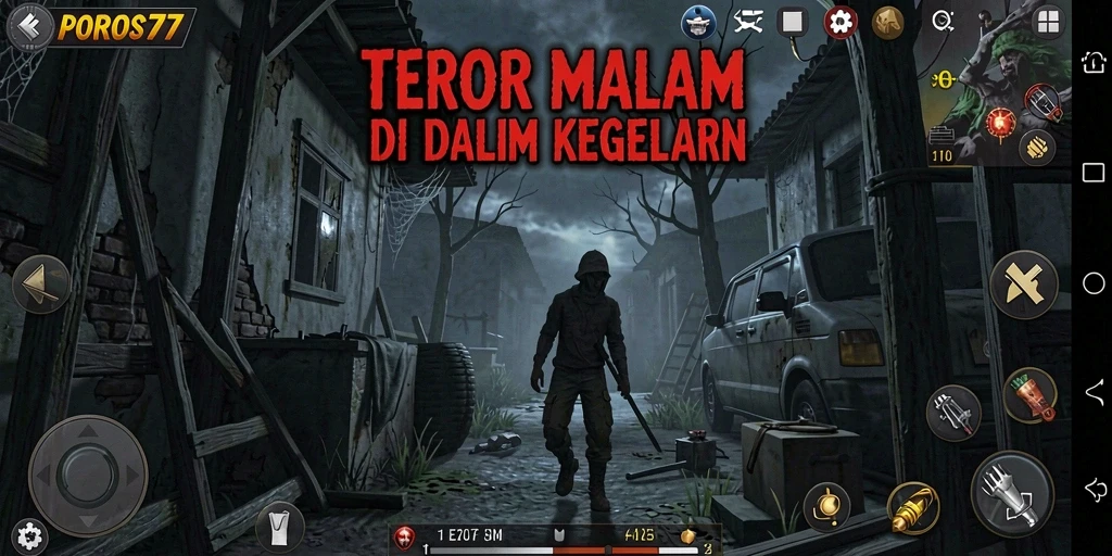 Tampilan gameplay menegangkan di POROS77 dengan suasana menyeramkan.