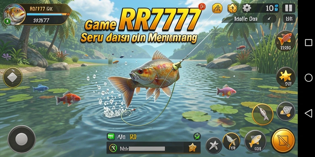 Tampilan gameplay RR777 dengan pemandangan laut yang indah saat memancing.