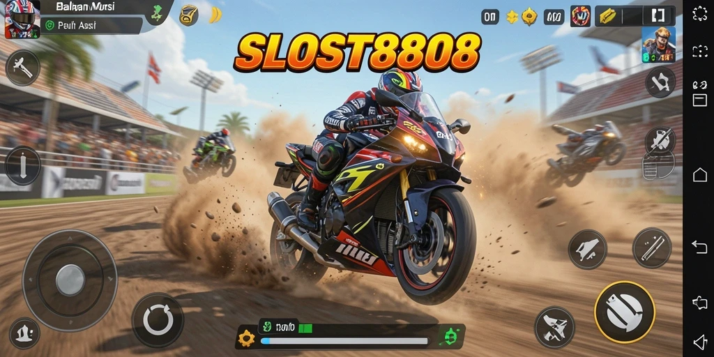 Tampilan gameplay balapan motor yang mendebarkan di SLOST8808.