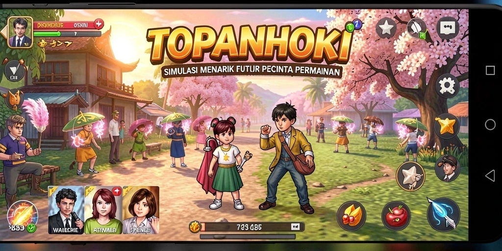 Screenshot gameplay TOPANHOKI menunjukkan berbagai aktivitas seru di dalam permainan.